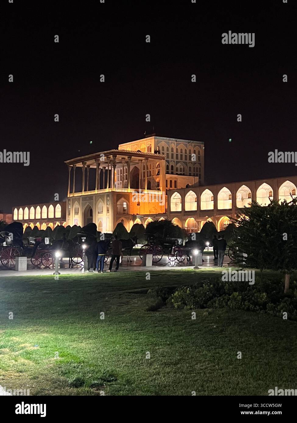 Night view of Ali Qapu Palace in Naqsh-e Jahan Square, Isfahan, Iran, a masterpiece of Persian architecture and Safavid heritage. Stock Photo