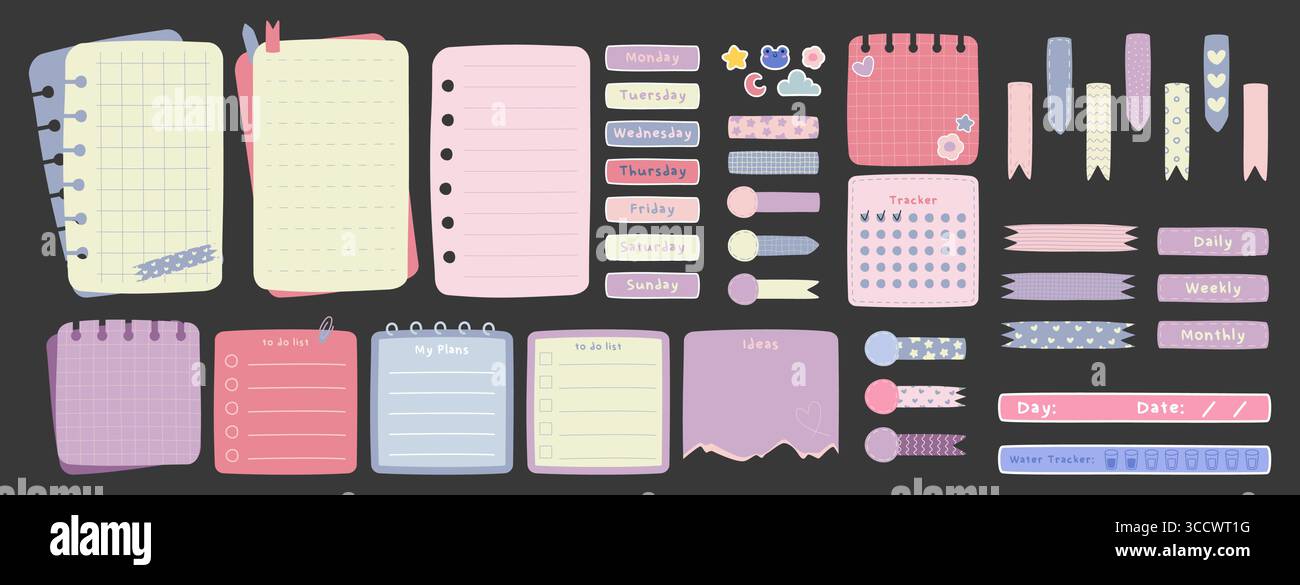 Cute doodle memo for planners - notebook pages with grids, weekday ...