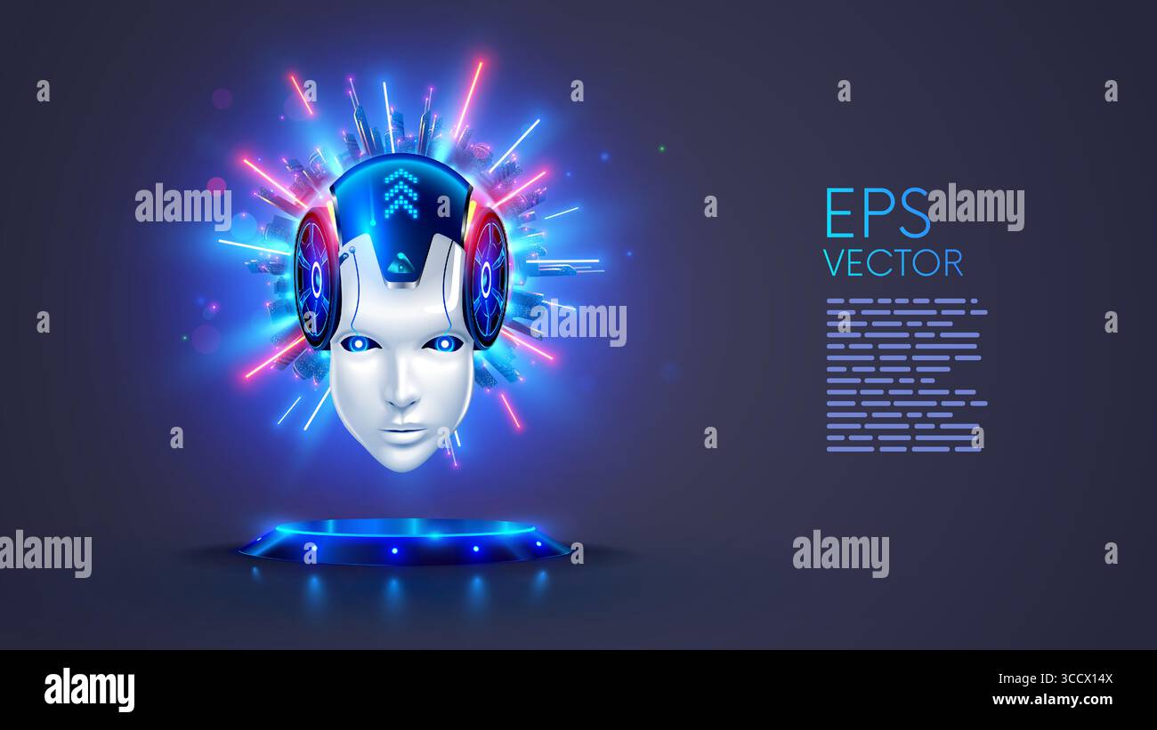 AI or AGI in the form of robot or cyborg head hanging over a podium in neon rays and a megacity behind in cyberspace. Technologies of AI, AGI and neur Stock Vector