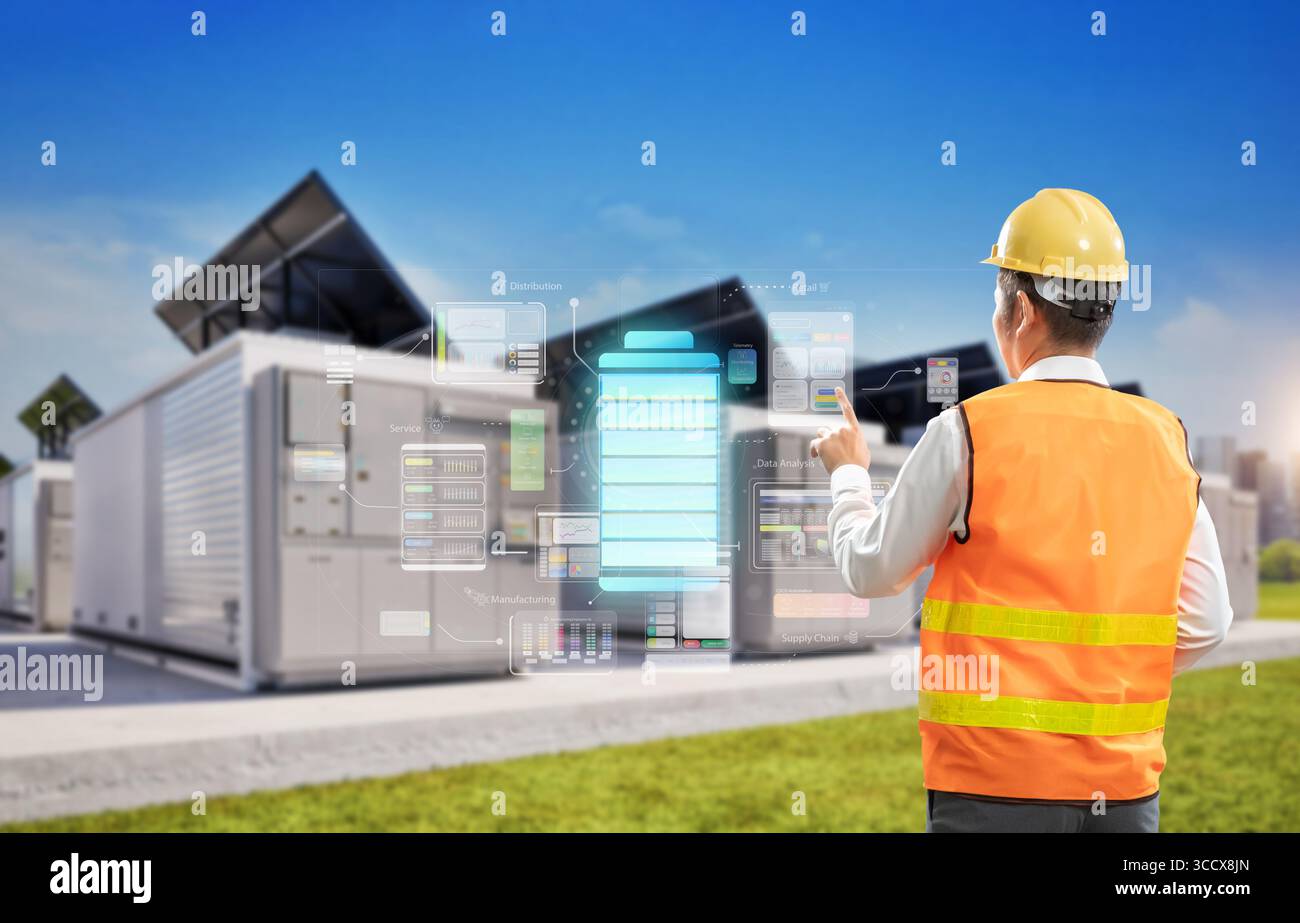Engineer control energy storage system or battery container unit with digital graphic display Stock Photo