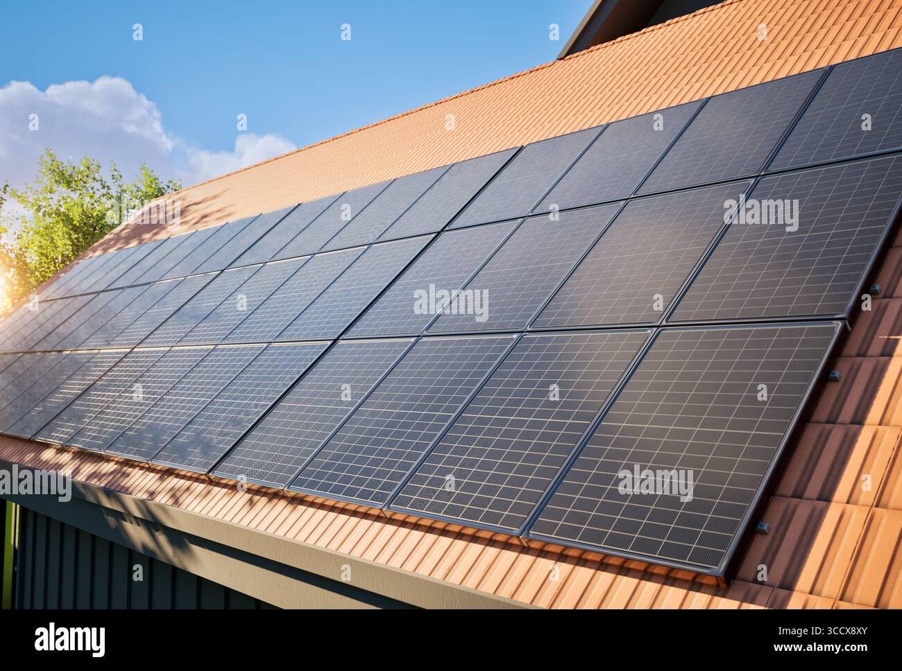 3d rendering black solar panels on roof Stock Photo