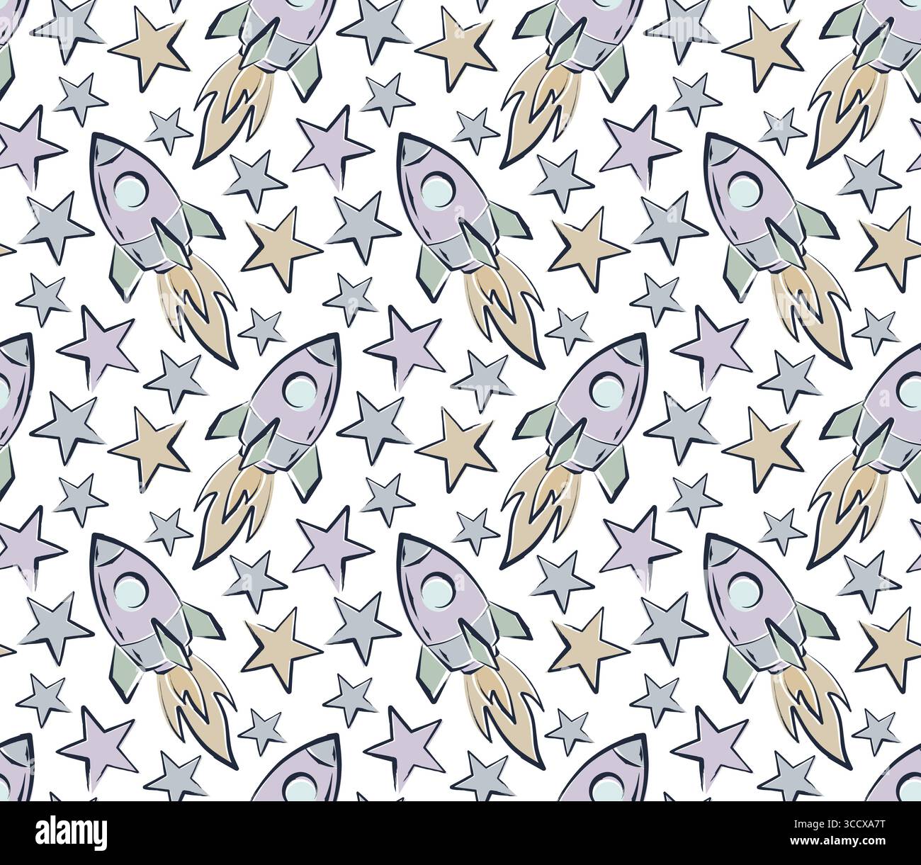 Seamless background with flying rocket and stars. Stock Vector