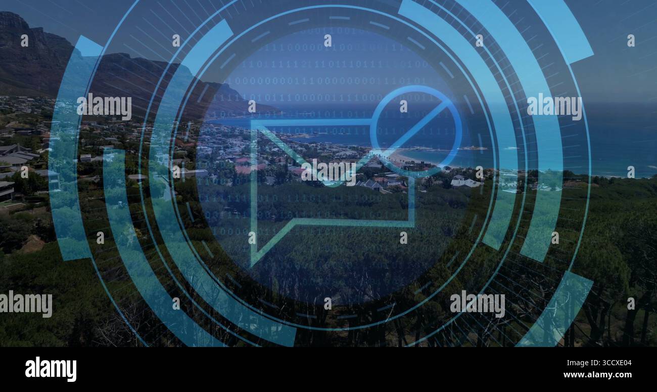 Holographic envelope icon hovering in coastal hillside view, with translucent HUD and binary code Stock Photo