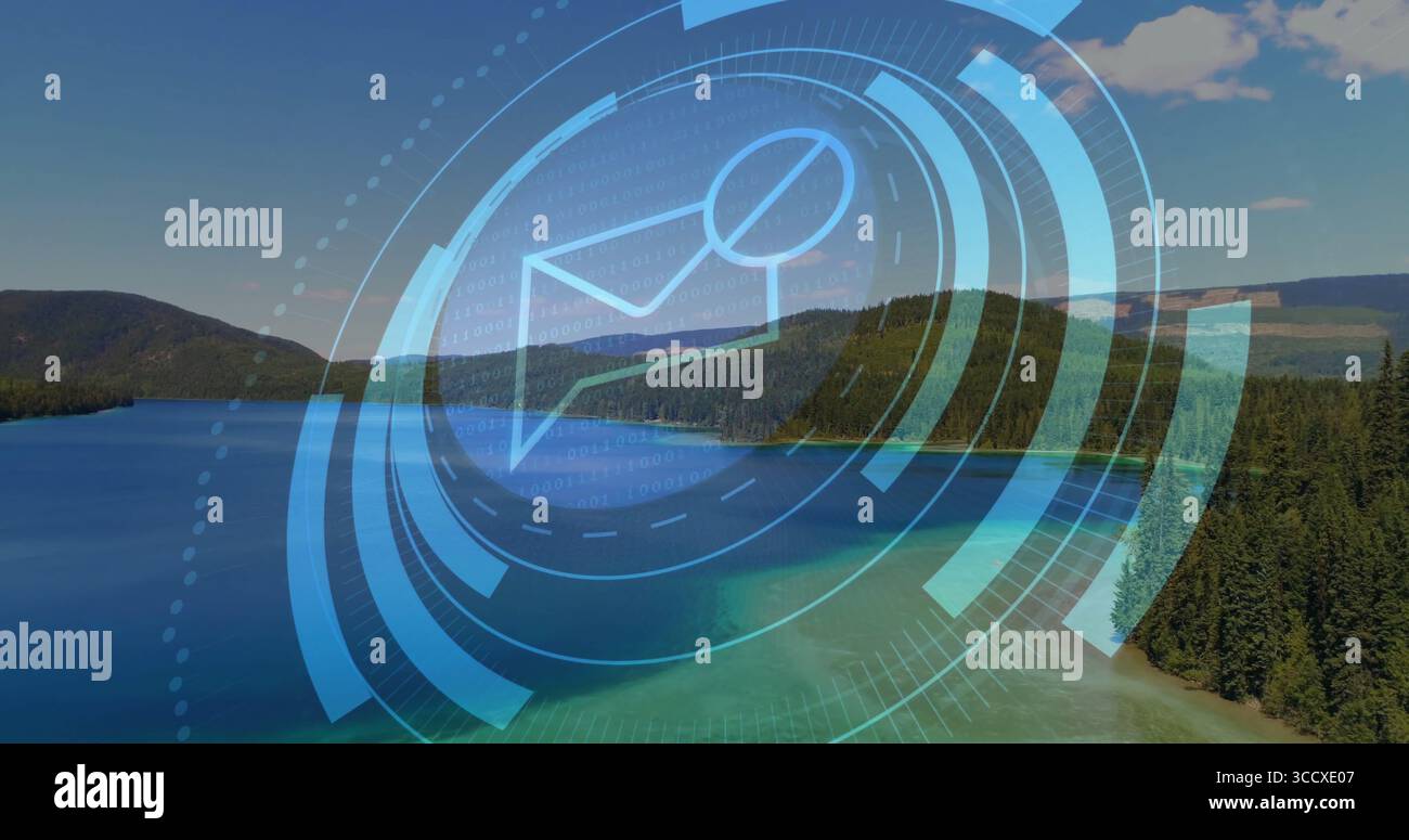 Displaying blue envelope icon with circular graphics, arcs at forest lakeshore, binary code overlay Stock Photo