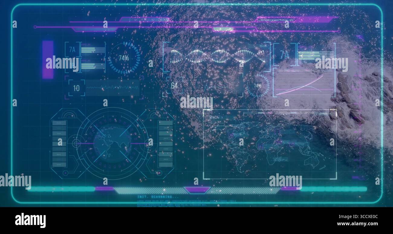 Displaying holographic data interface floating at command console, with world map and radar overlay Stock Photo