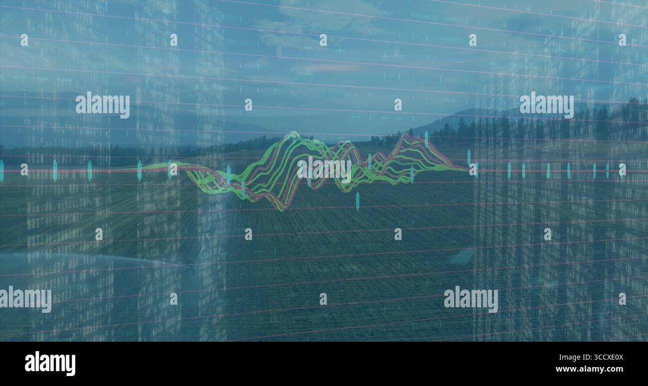 Displaying wavy color line chart streaming across plowed rows reaching ...