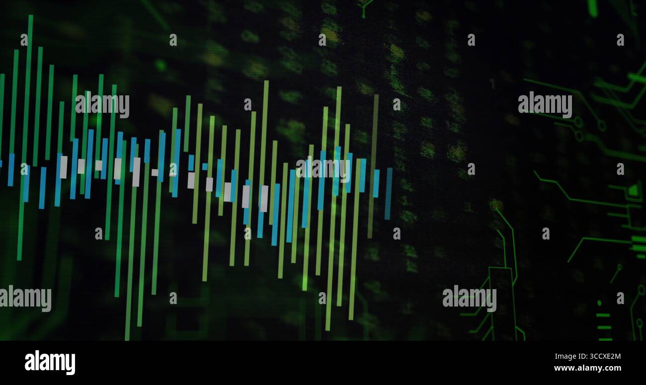 Displaying fluctuating vertical bars pulsing on screen, with binary digits and circuit traces Stock Photo