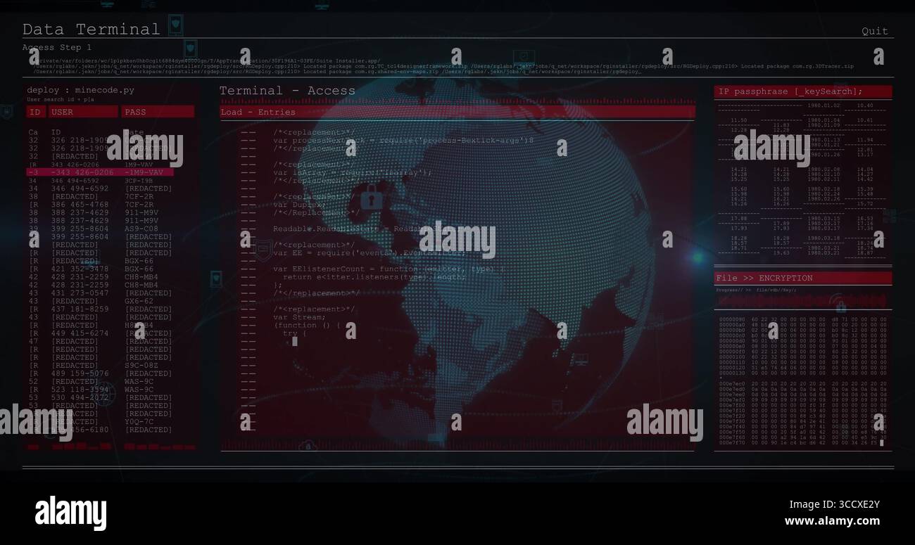 Displaying digital terminal interface in console, with ID table, command prompt, dot-matrix globe Stock Photo