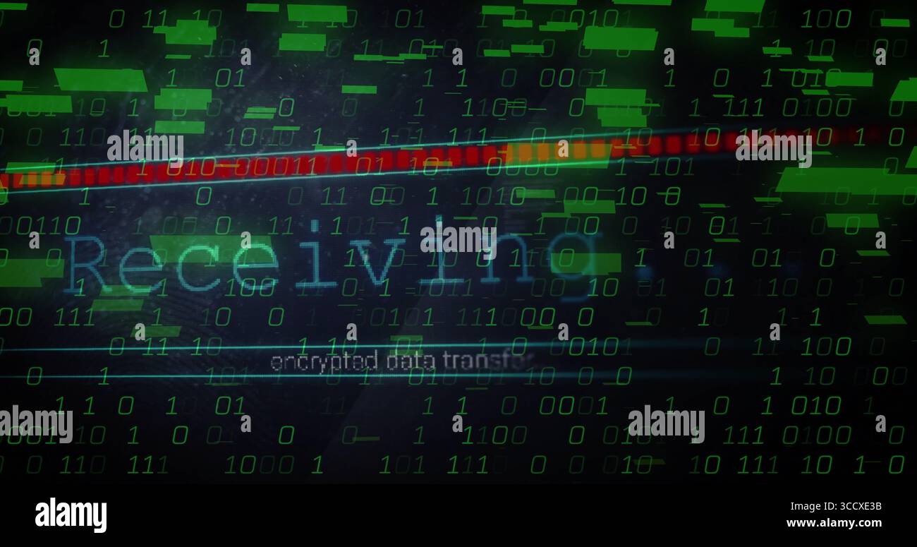 Displaying Receiving text scrolling on UI, with encrypted data transfer, green code blocks, red bar Stock Photo