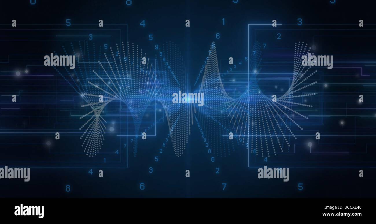 Spiraling digital waveform across interface, with light flare, frames, circuits and digit labels Stock Photo