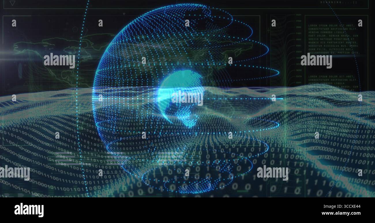 Displaying 3D dotted globe glowing at core in virtual cyberspace, with streaming binary code digits Stock Photo