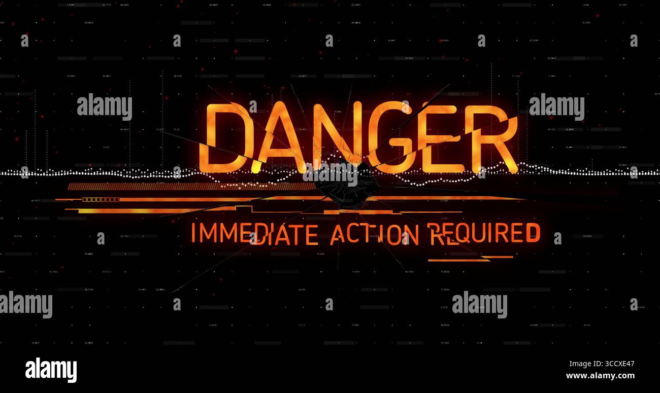 Flashing bold DANGER warning on interface, with IMMEDIATE ACTION REQUIRED text and glitch bars Stock Photo