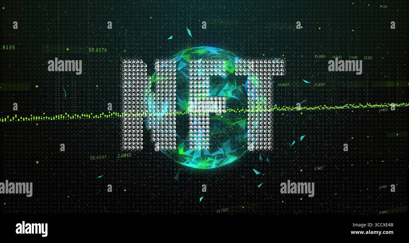Floating dot-matrix letters NFT hovering over faceted globe above dark binary grid, with waveform Stock Photo