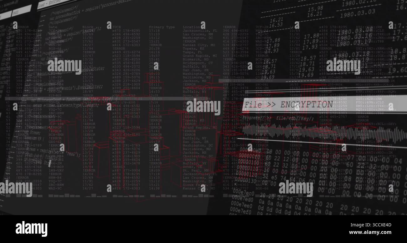 Displaying highlighted encryption panel with waveform and network diagrams on screen, copy space Stock Photo