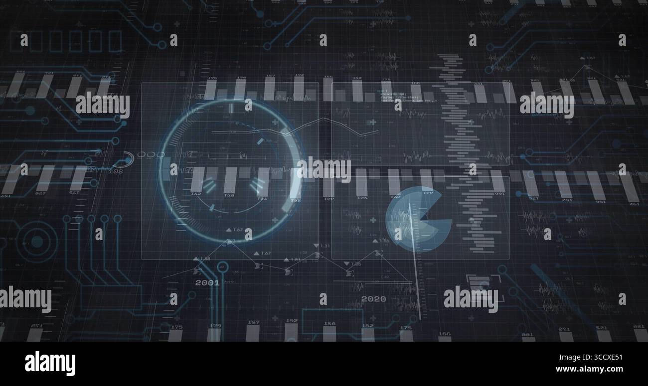 Displaying glowing circular data visualization on grid interface, with pie, bar and line charts Stock Photo
