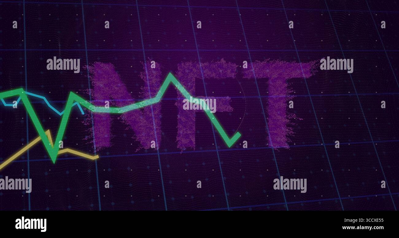 Displaying large 3D purple NFT letters on violet digital grid, with green teal yellow line graphs Stock Photo