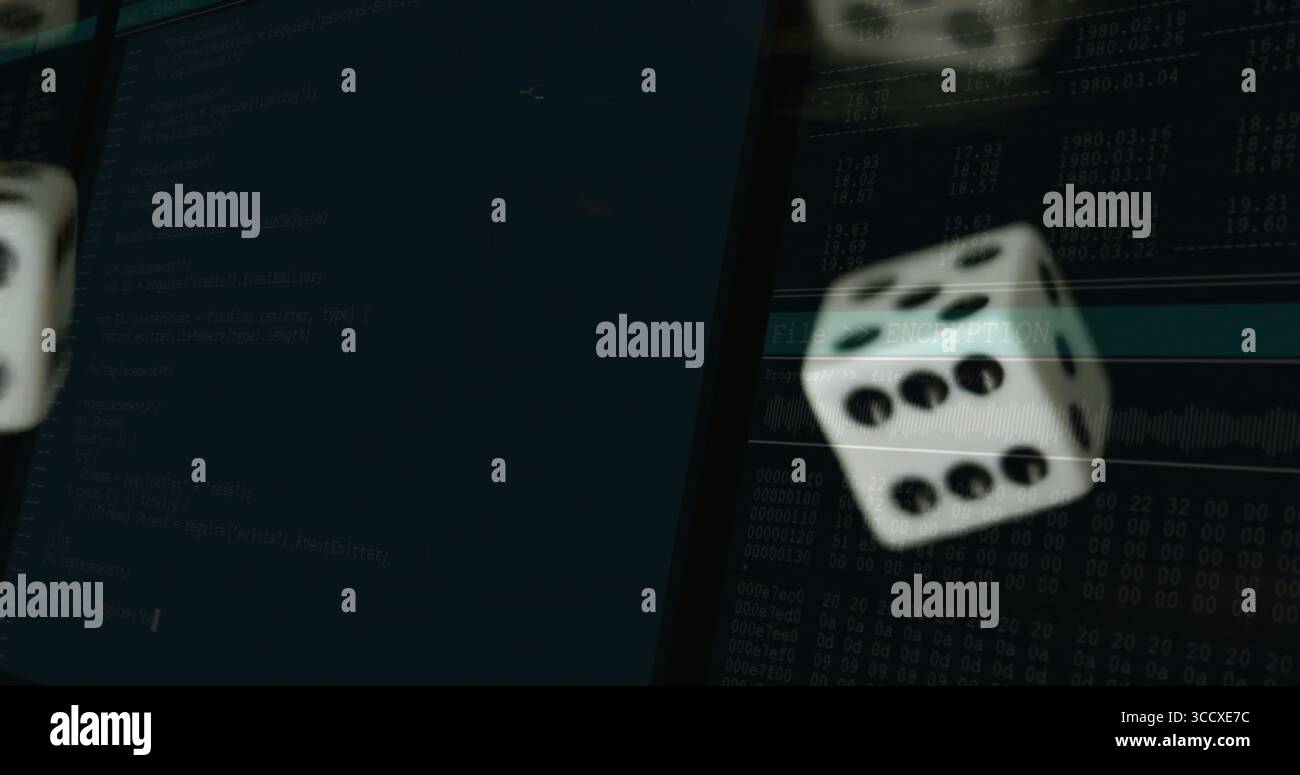 Floating white dice tumbling in dimly lit office, with monitors displaying code, encryption text Stock Photo