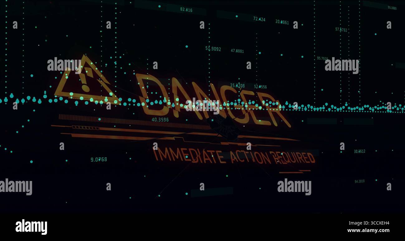 Displaying interface warning icon, DANGER IMMEDIATE ACTION REQUIRED and data stream, dotted lines Stock Photo