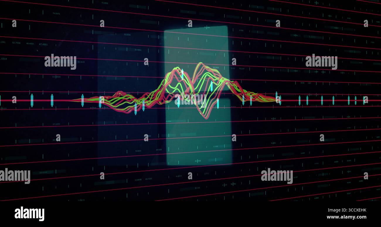 Displaying neon-colored waveform undulating around axis on dark screen, with turquoise rectangle Stock Photo