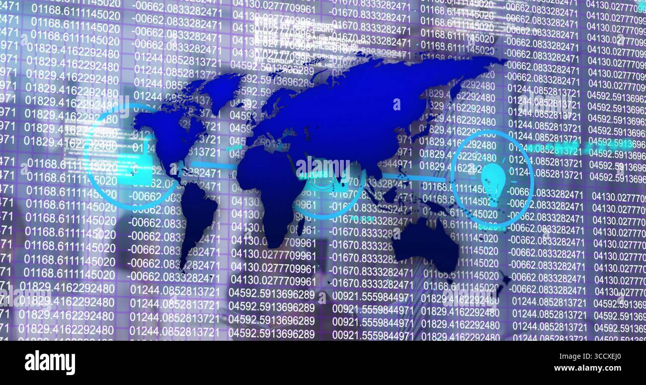 Displaying world map on data dashboard, with scrolling numeric data columns and cyan highlights Stock Photo