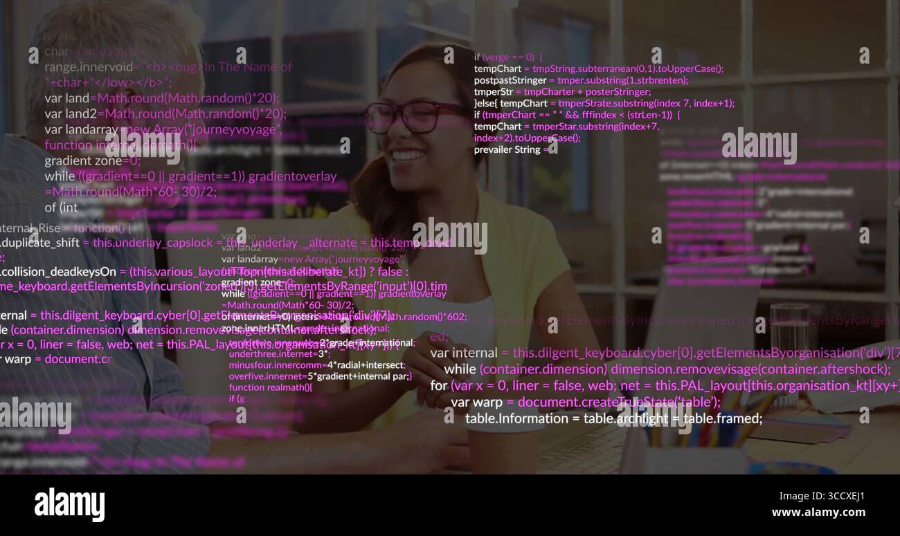 Pointing senior mentor guiding smiling developer at laptop in modern office, with coding overlay Stock Photo