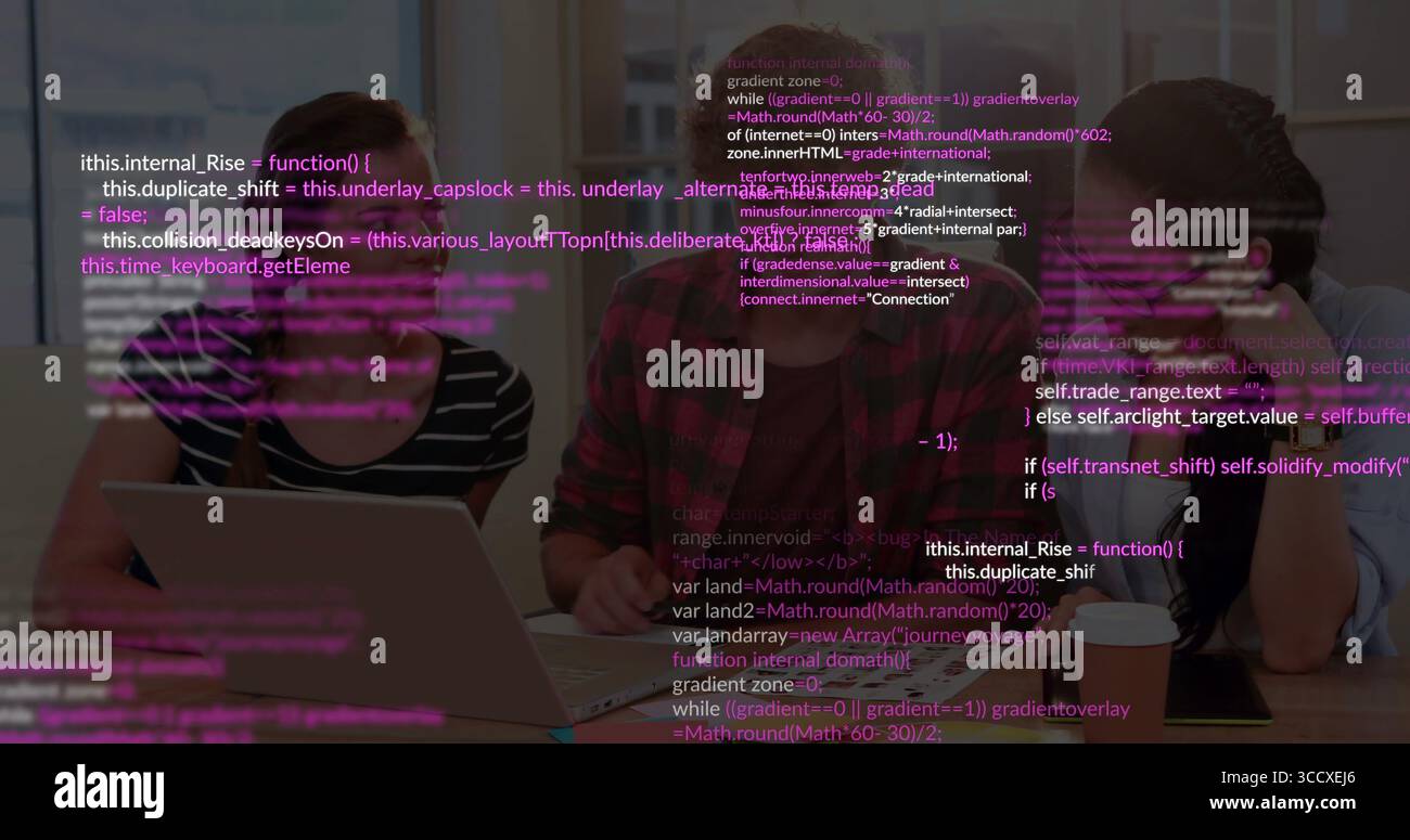 Collaborating three developers writing code on laptops in office meeting room, with code overlay Stock Photo