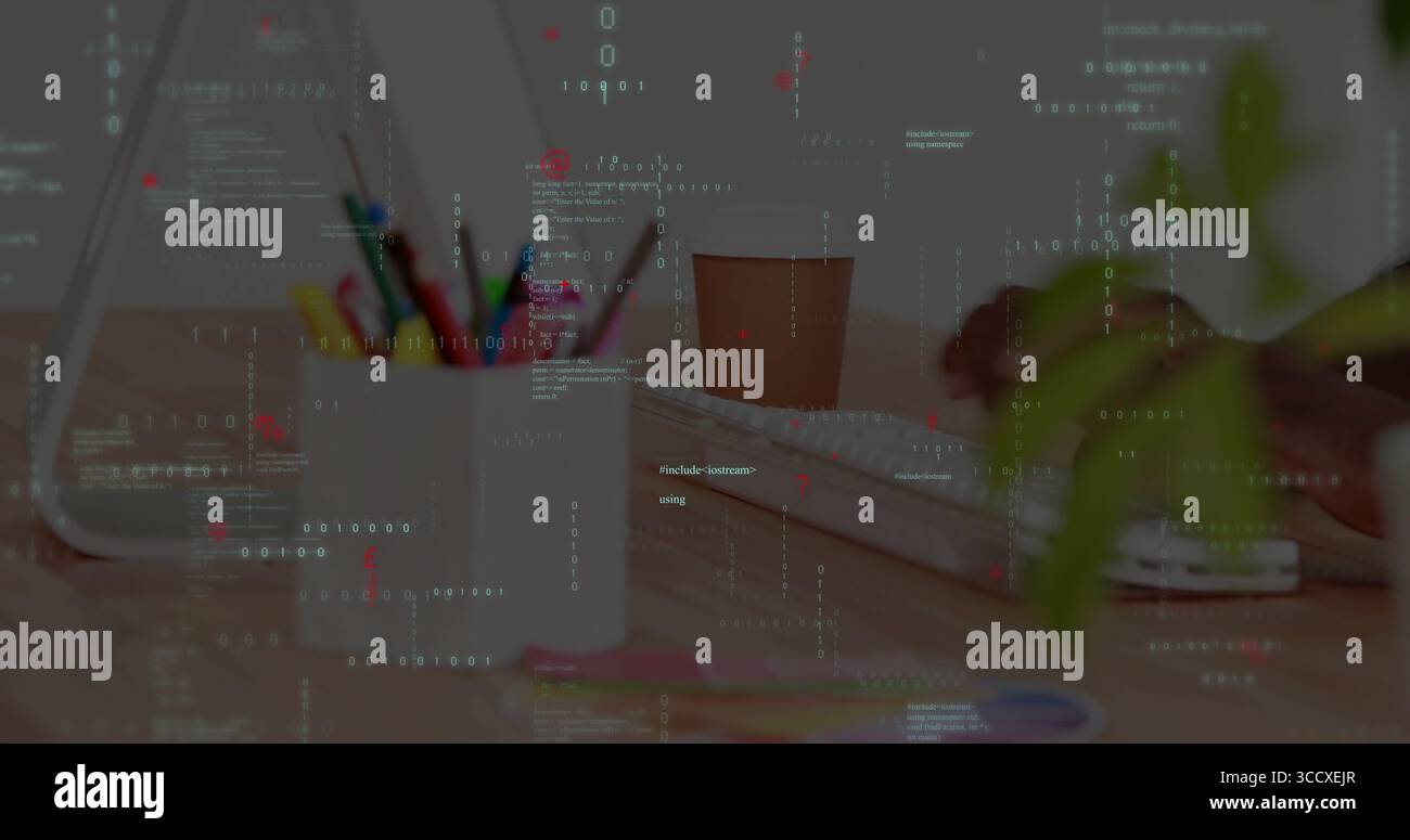 Developer hands typing code on keyboard at desk, featuring white pencil ...