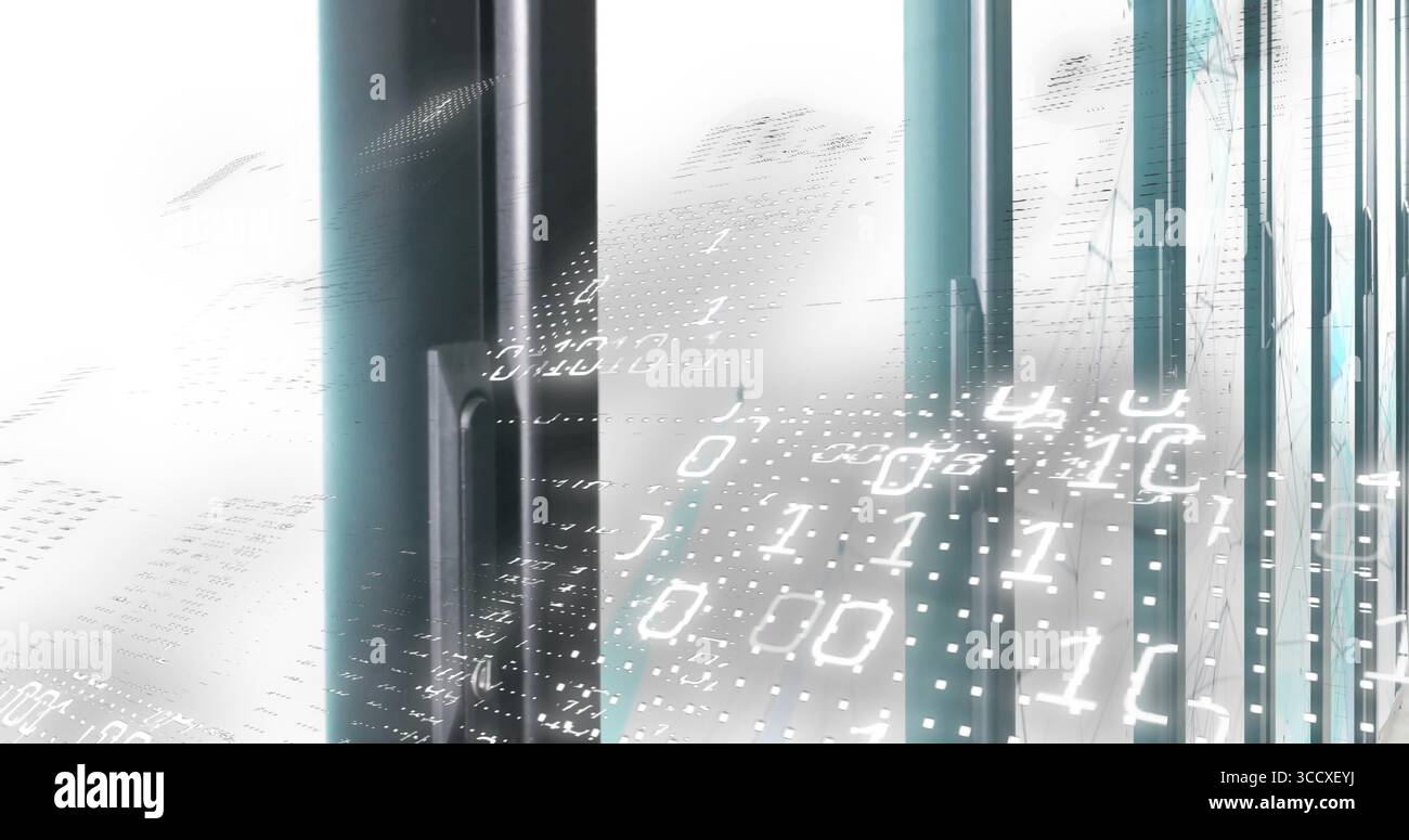 Displaying vertical translucent panels in digital scene, with floating binary digits and dot grids Stock Photo
