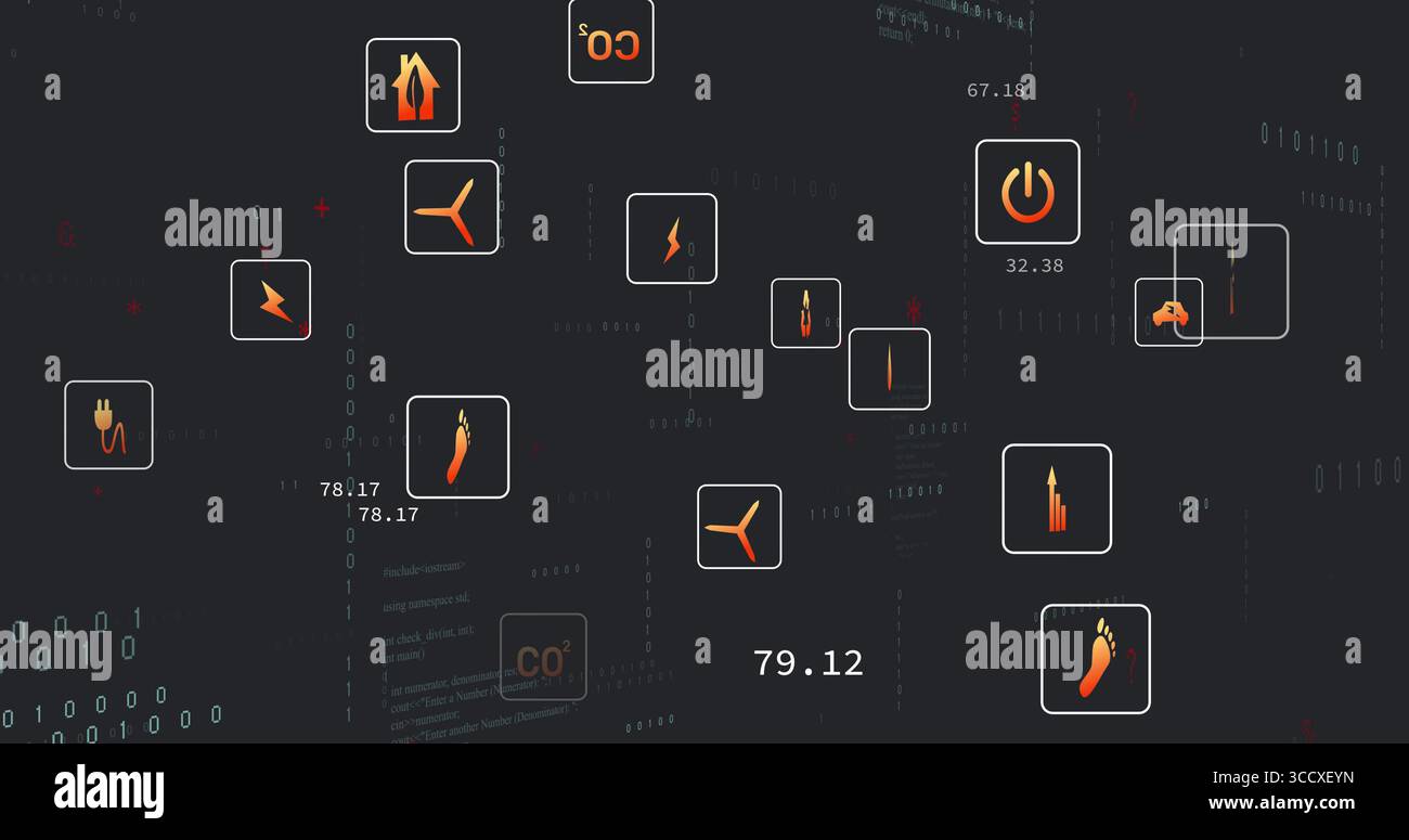 Displaying floating energy icon frames with metrics on virtual dashboard, streaming binary code Stock Photo