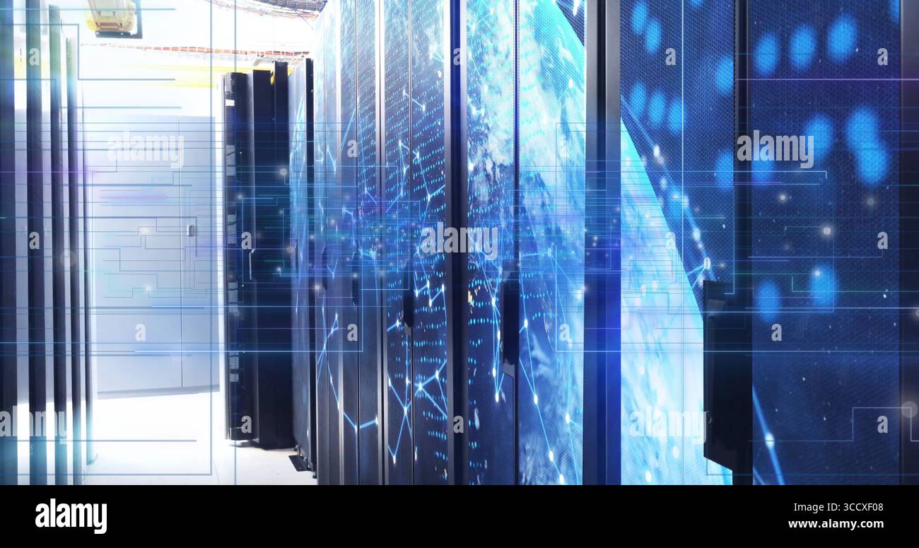 Glowing server racks lining data center corridor, with illuminated LED lights and network cables Stock Photo