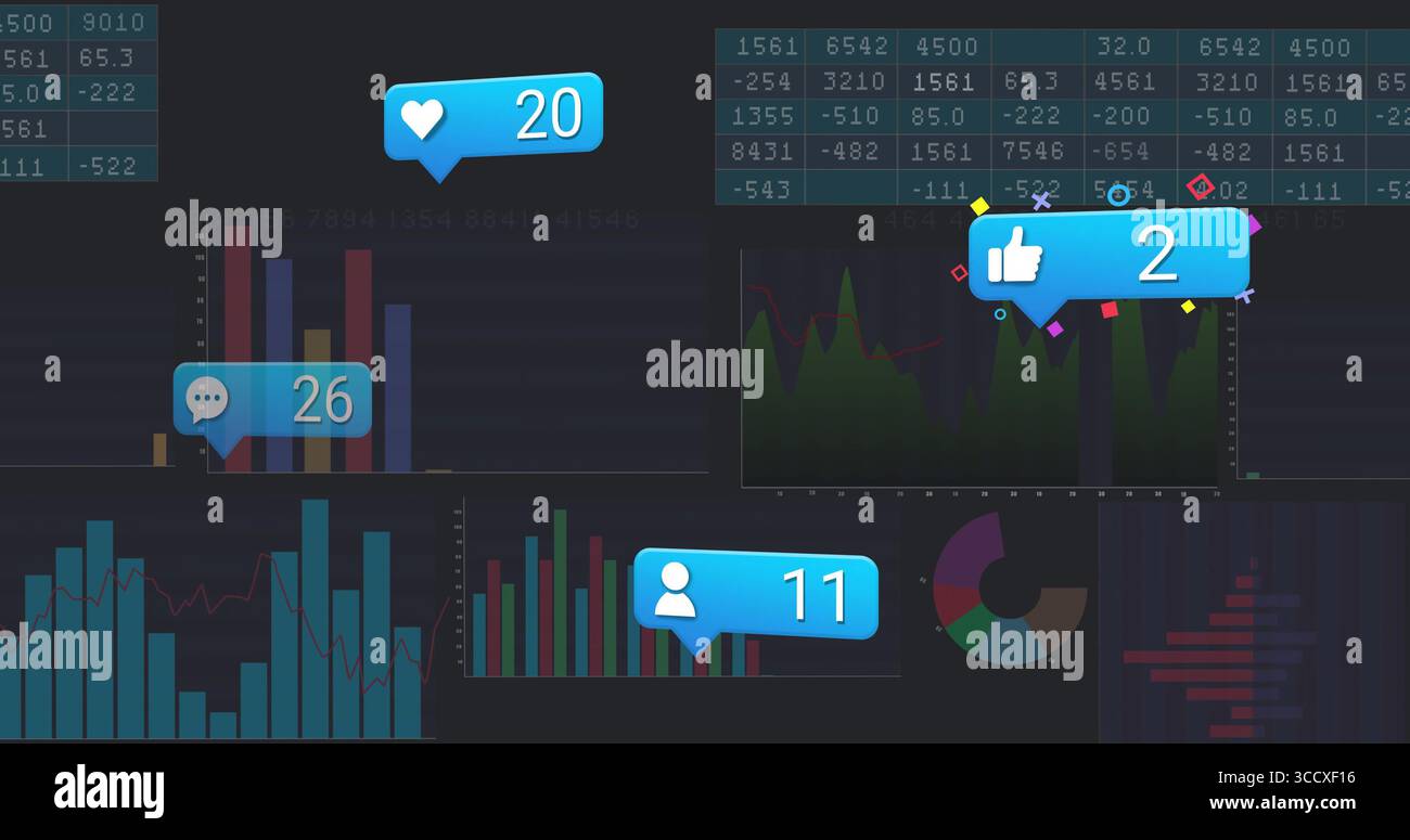 Displaying blue notification bubble showing heart count on data dashboard, with data visualizations Stock Photo