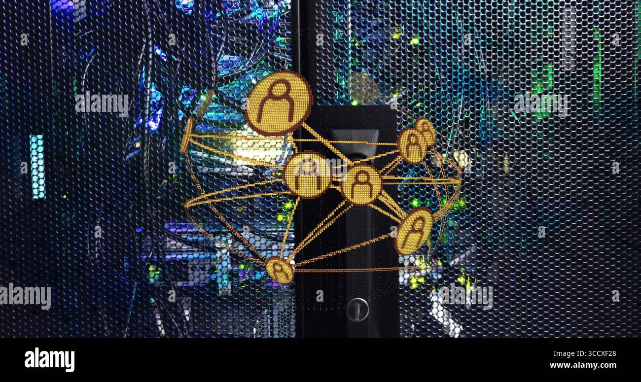 Displaying network node overlay connecting server rack cables in data center, showing status LEDs Stock Photo