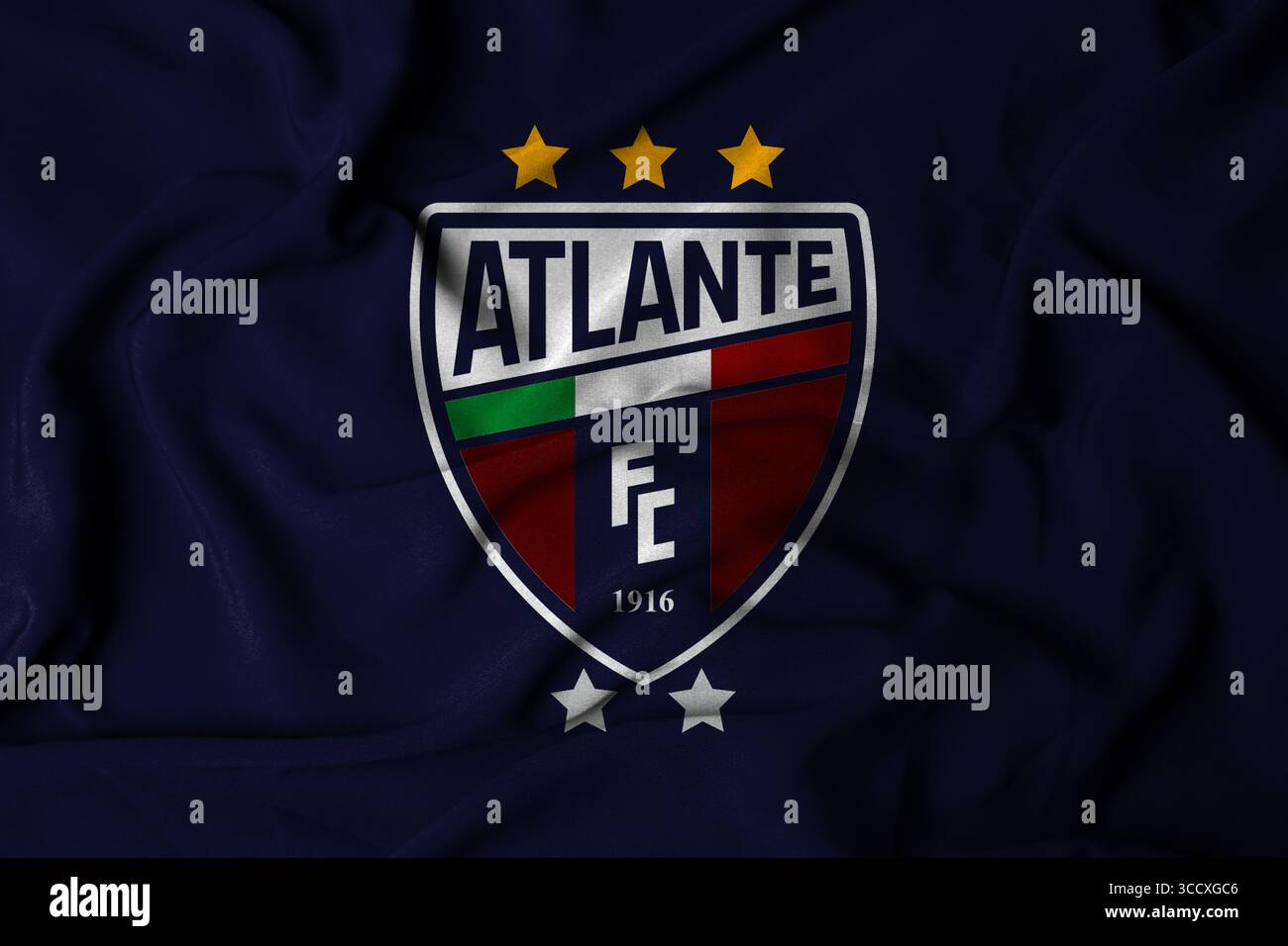 Pringsewu, Lampung; August 12, 2025; A waving flag symbolizes the logo of the CF Atlante football team in the Mexican second division football league. Stock Photo