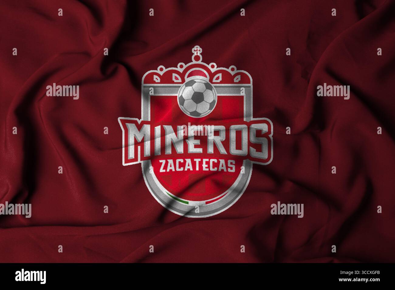 Pringsewu, Lampung; August 12, 2025; A waving flag symbolizes the logo of the Mineros de Zacatecas football team in the Mexican second division footba Stock Photo