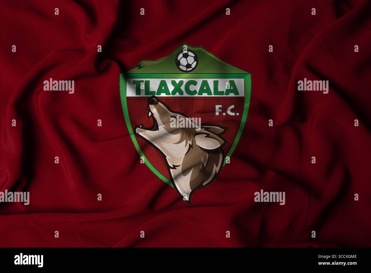 Pringsewu, Lampung; August 12, 2025; A waving flag symbolizes the logo of the Tlaxcala  football team in the Mexican second division football league. Stock Photo