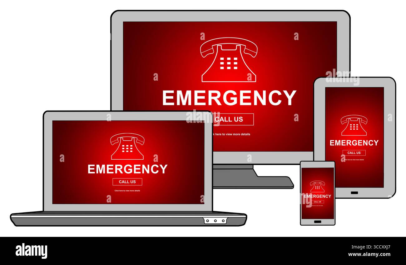 Emergency concept shown on different information technology devices Stock Photo