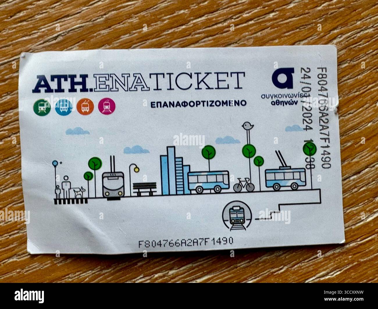 Greek public transport ticket 'ATHENA TICKET' used for bus and metro travel in Athens. - Smartphone Captured Stock Image