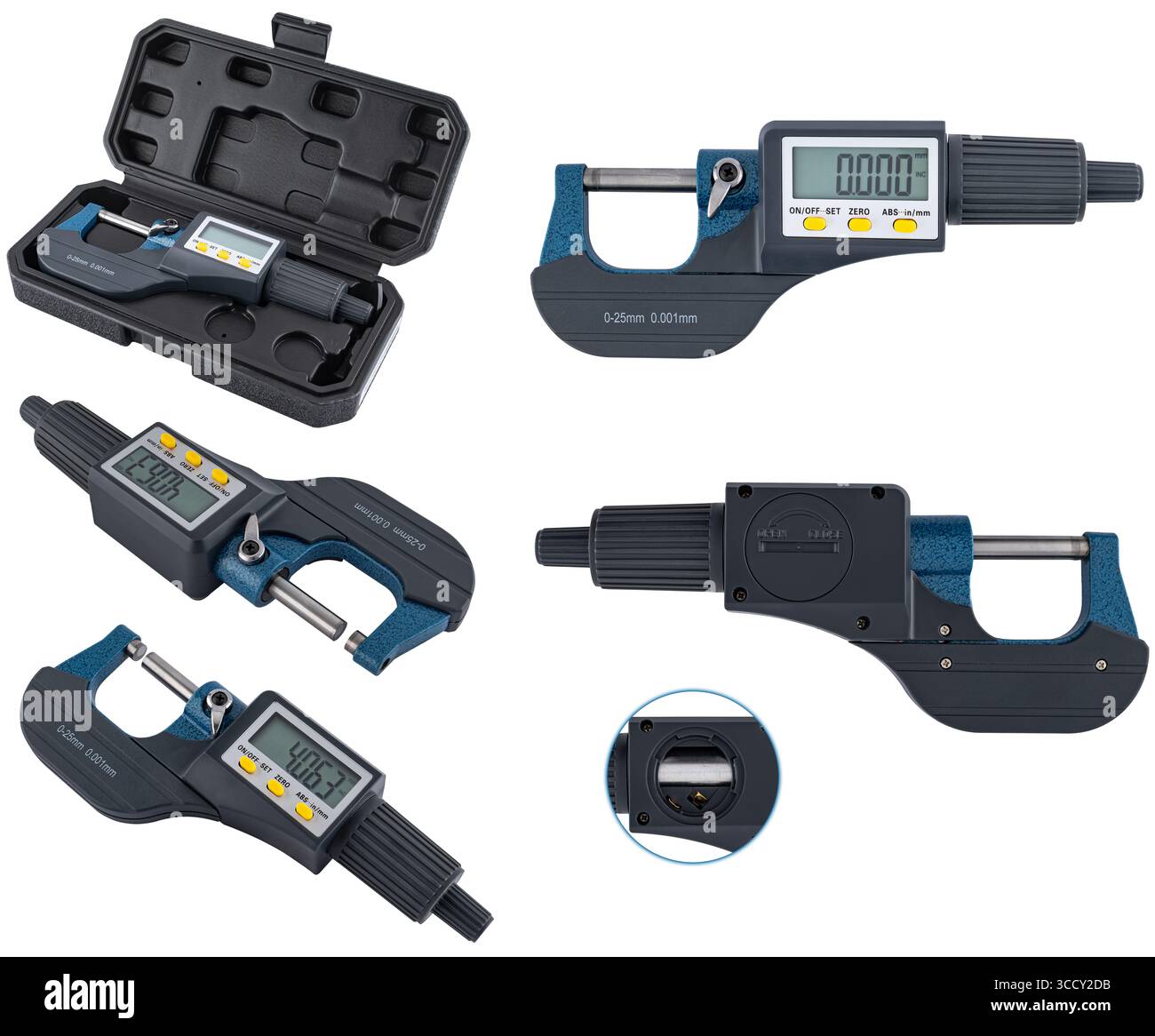 Compact electronic micrometer with LCD screen on a white background. Stock Photo