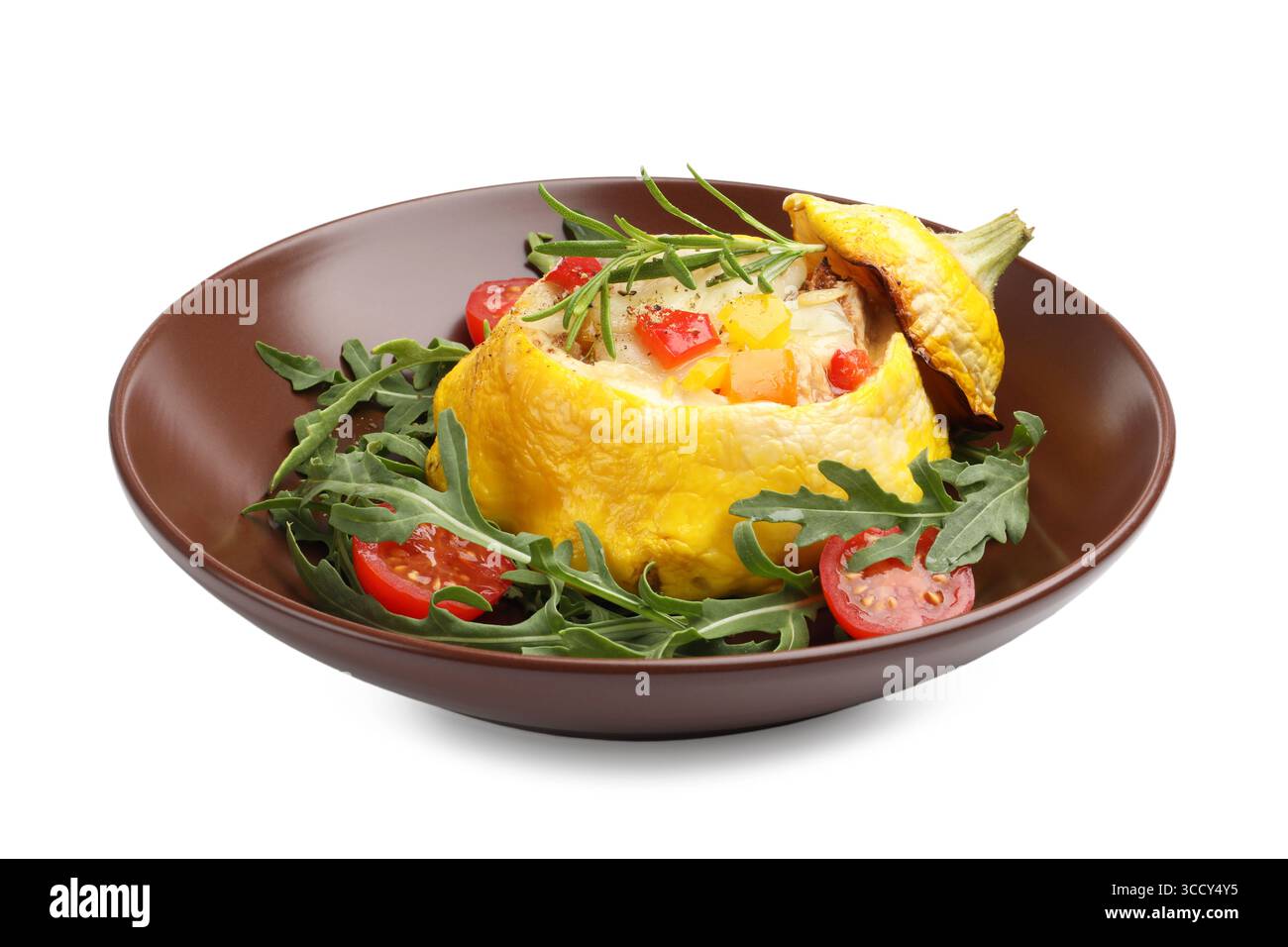 Tasty stuffed pattypan squash with tomatoes and arugula isolated on white Stock Photo