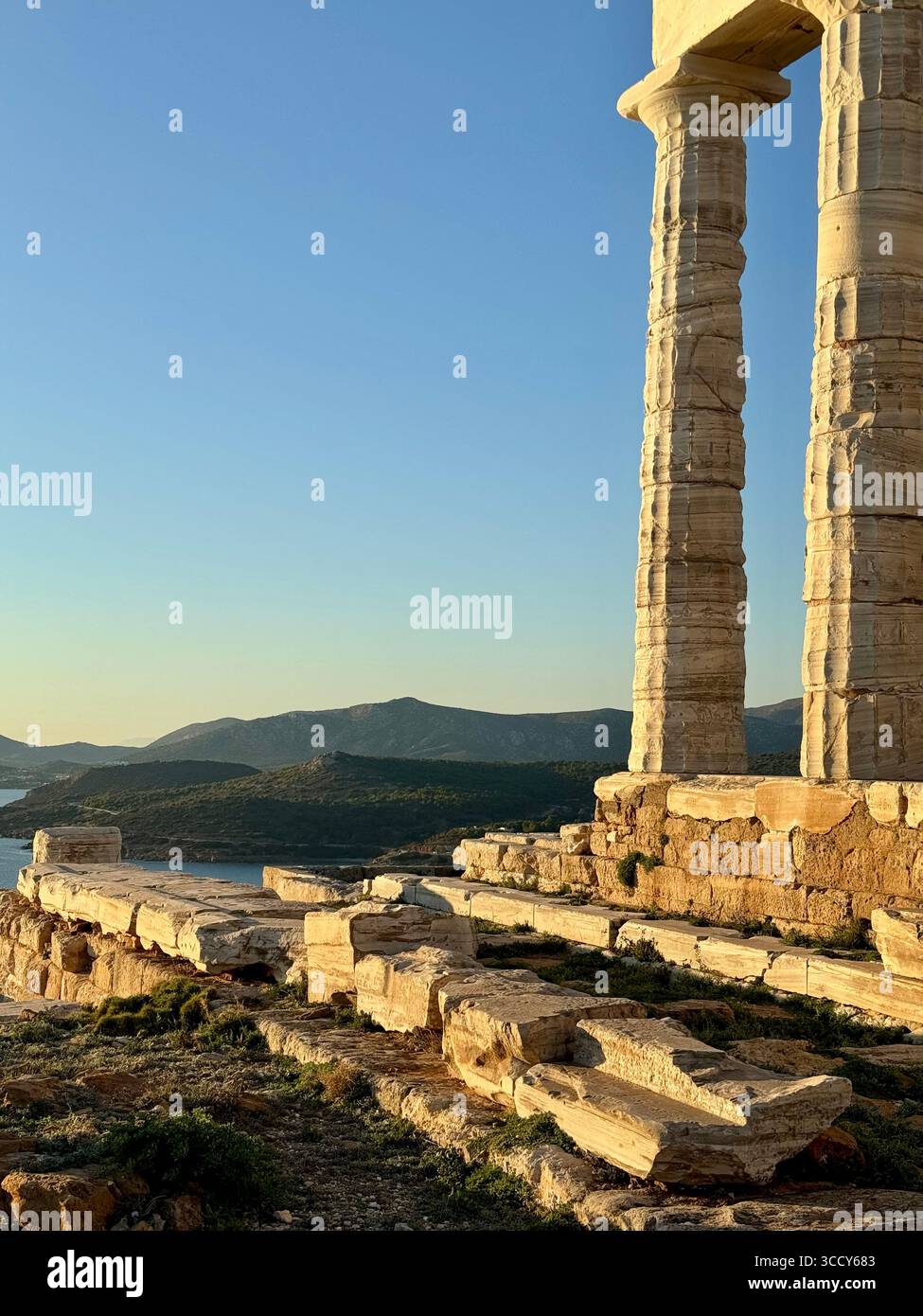 Ancient Temple of Poseidon at Cape Sounion, Greece, overlooking the Aegean Sea. - Smartphone Captured Stock Image