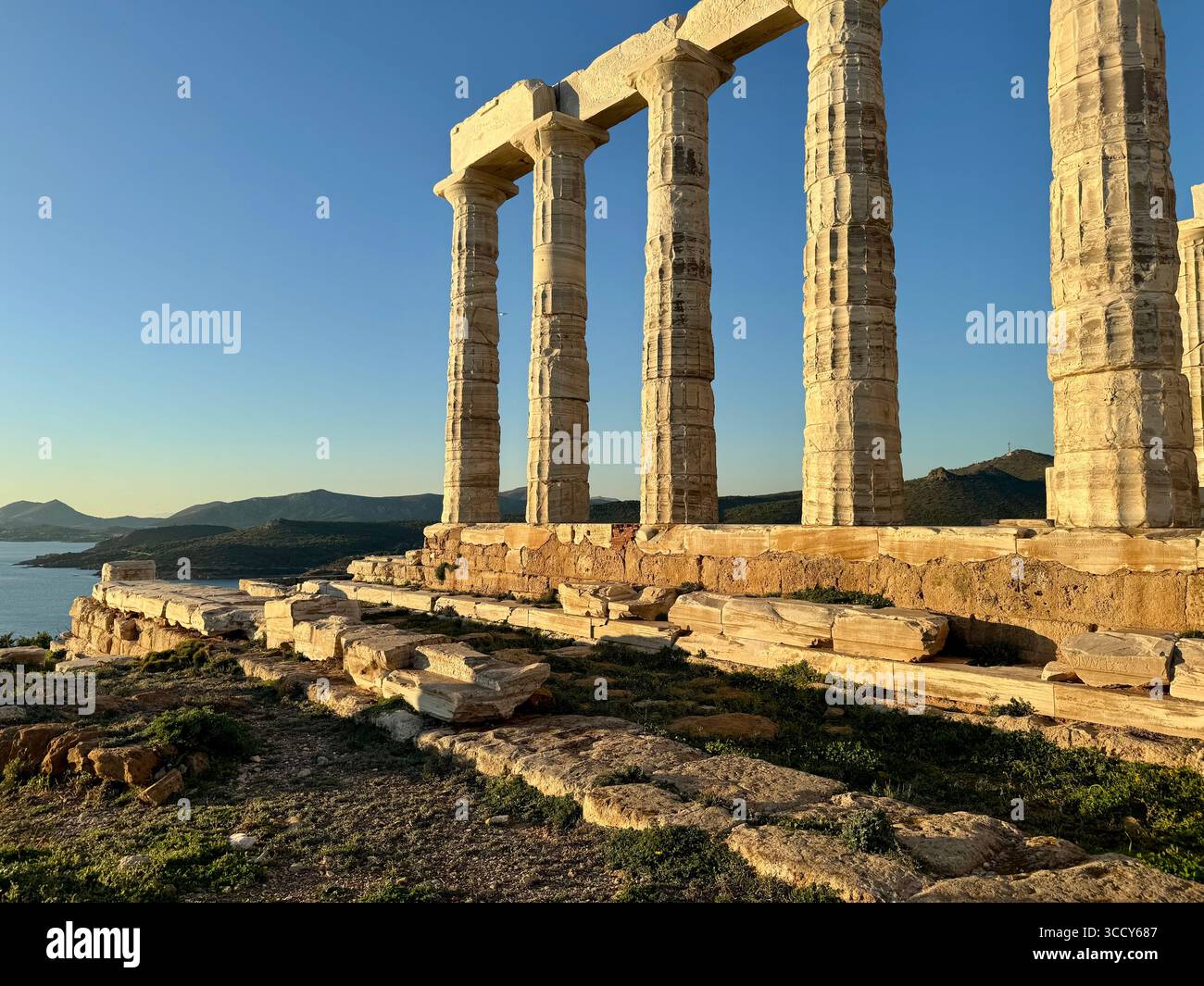 Ancient Temple of Poseidon at Cape Sounion, Greece, overlooking the Aegean Sea. - Smartphone Captured Stock Image