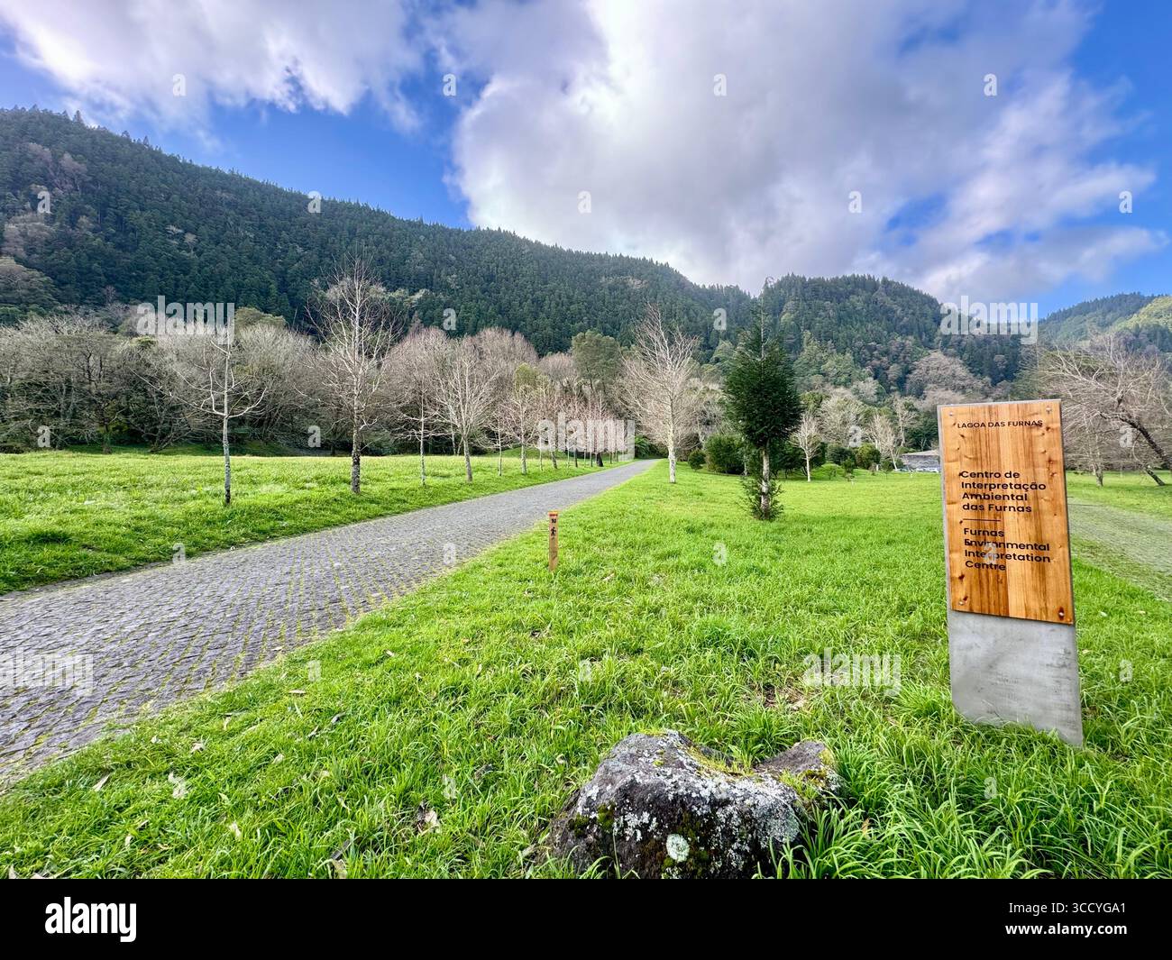Environmental interpretation sign along the Furnas Lake walking trail, São Miguel Island, Azores, Portugal. - Smartphone Captured Stock Image
