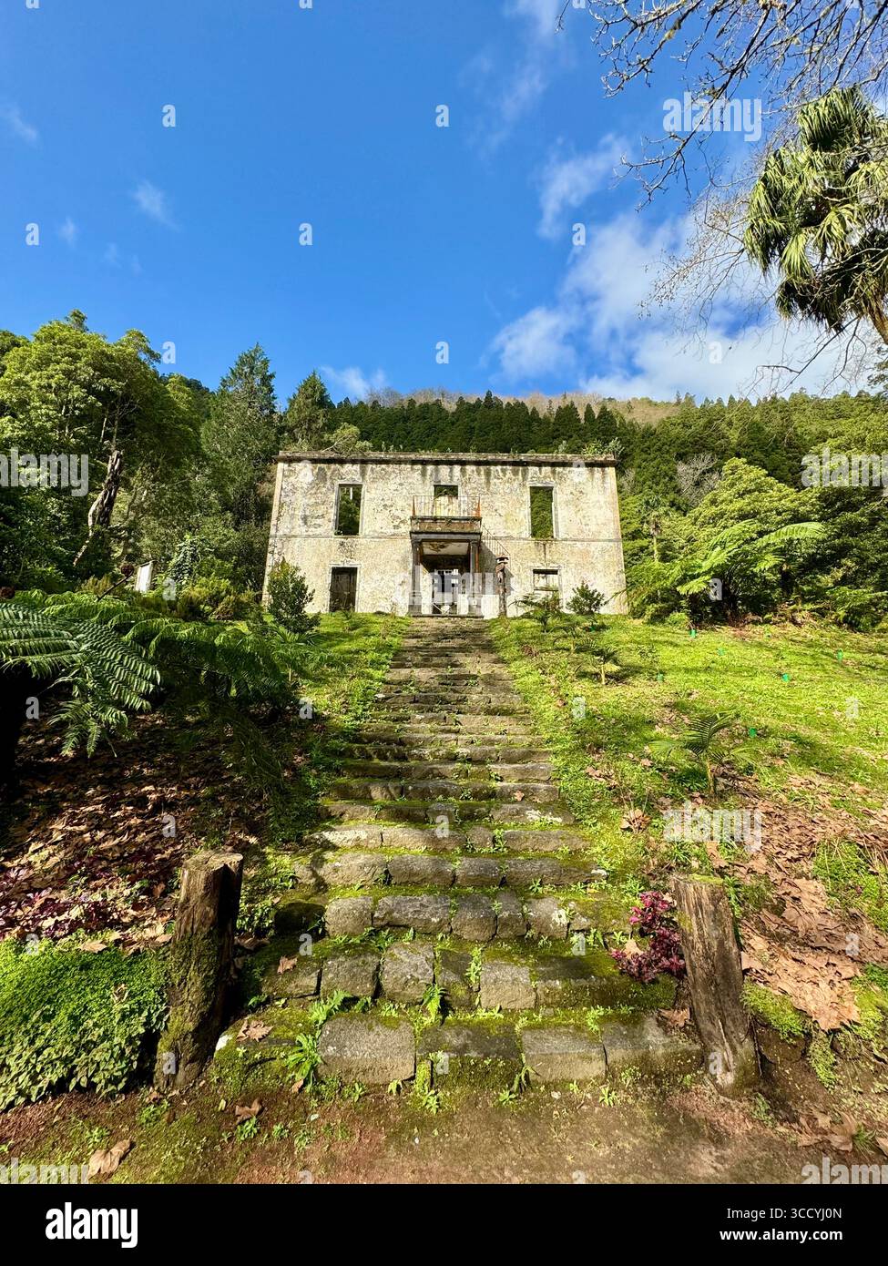 Ruins of the Grená manor house from 1858 surrounded by lush greenery at Parque da Grená, São Miguel, Azores. - Smartphone Captured Stock Image
