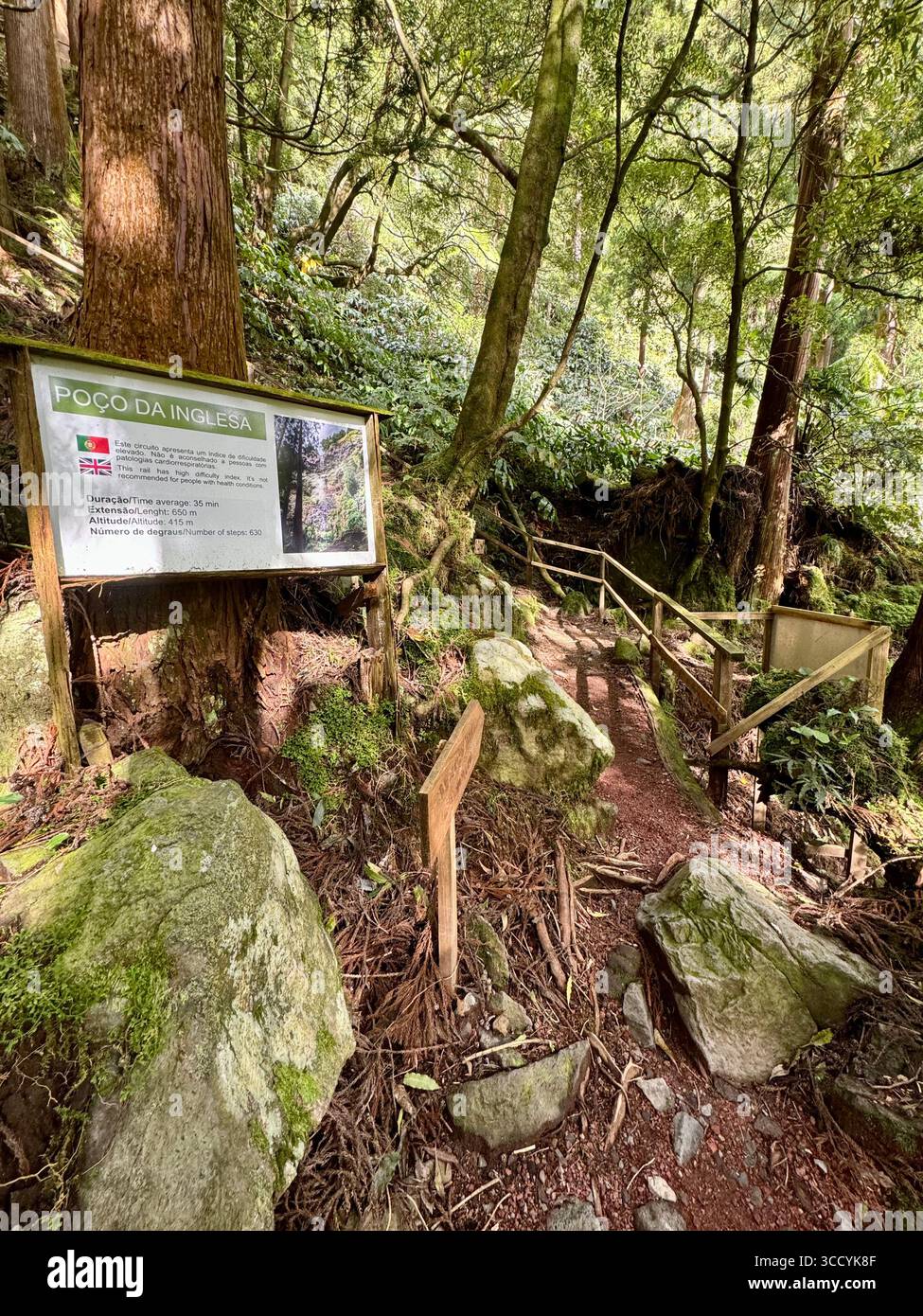 Informative signs, maps, and forest rest areas along the Grená Park hiking trail in São Miguel Island, Azores, Portugal. - Smartphone Captured Stock Image