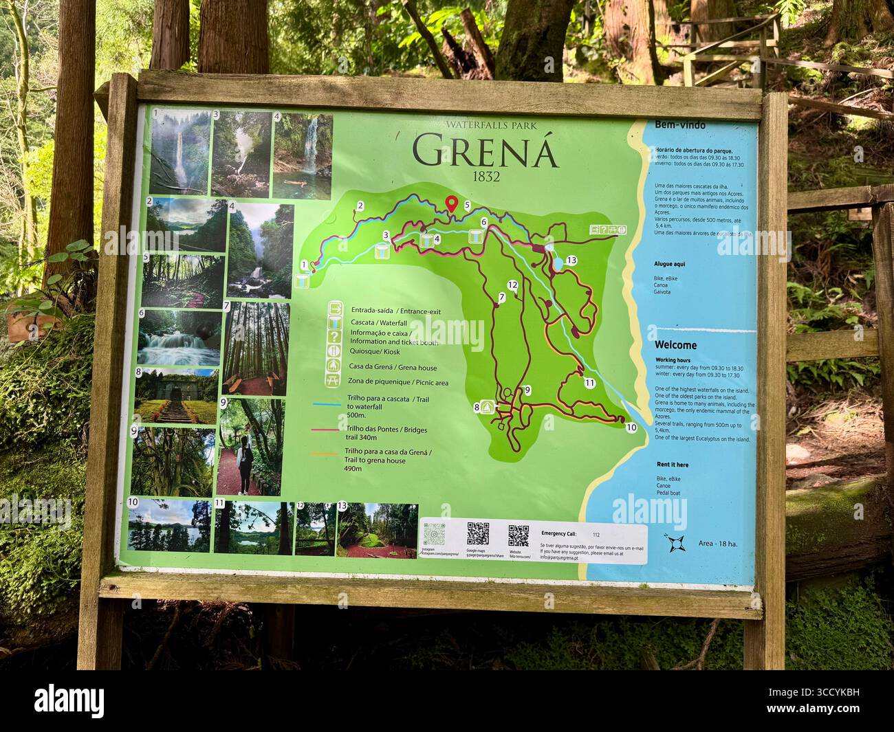 Informative signs, maps, and forest rest areas along the Grená Park hiking trail in São Miguel Island, Azores, Portugal. - Smartphone Captured Stock Image