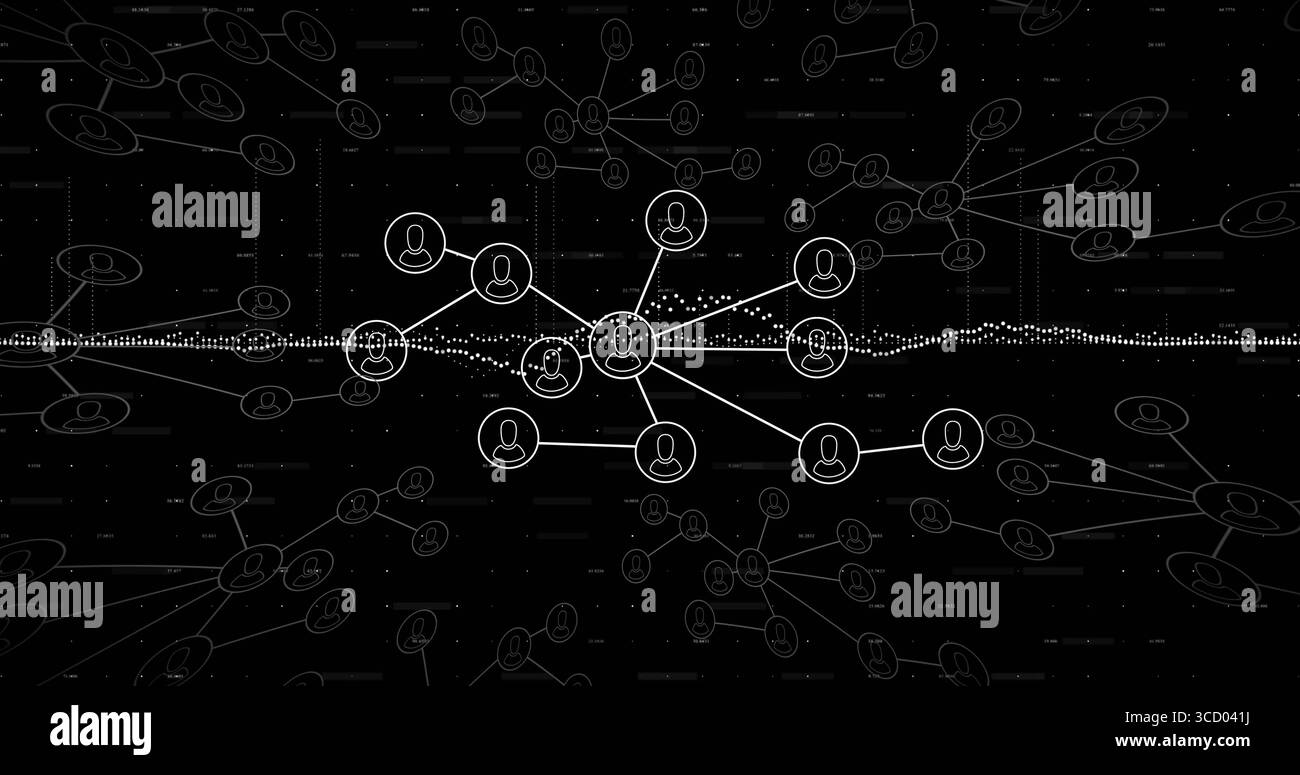 Pulsing network cluster on dark screen, with avatar nodes and ...