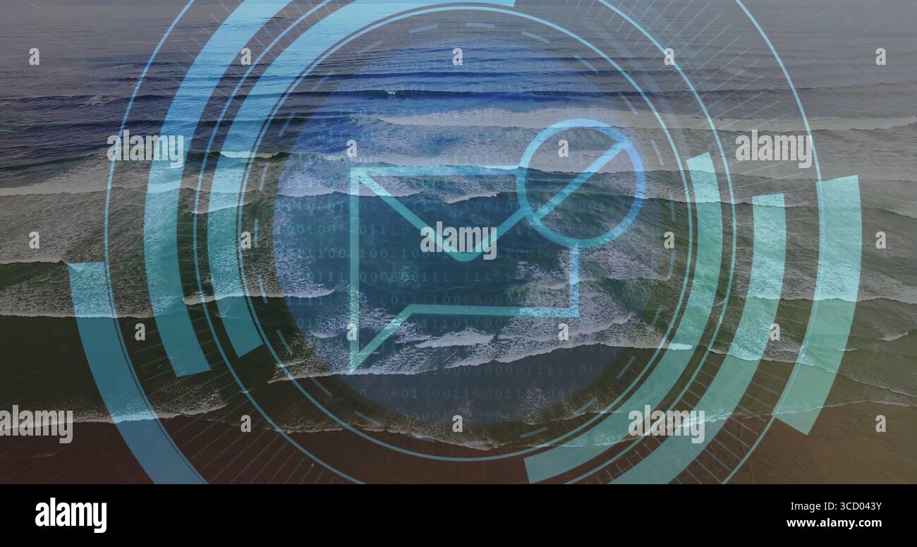 Displaying envelope icon with alert badge above ocean waves featuring UI rings and binary code Stock Photo