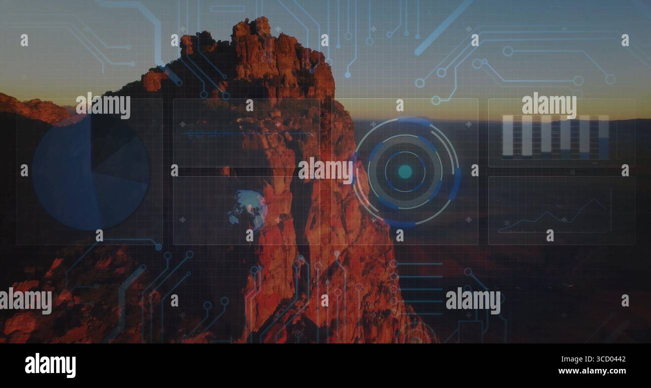 Glowing red sandstone pinnacle rising on canyon plateau at dusk, with grid and radar chart overlays Stock Photo