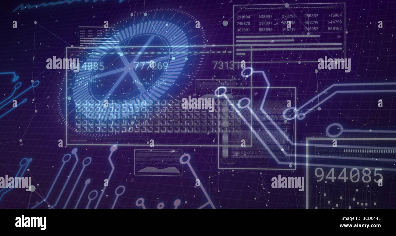 Displaying circular visualization rotating in purple grid with numbers, circuit traces and frames Stock Photo