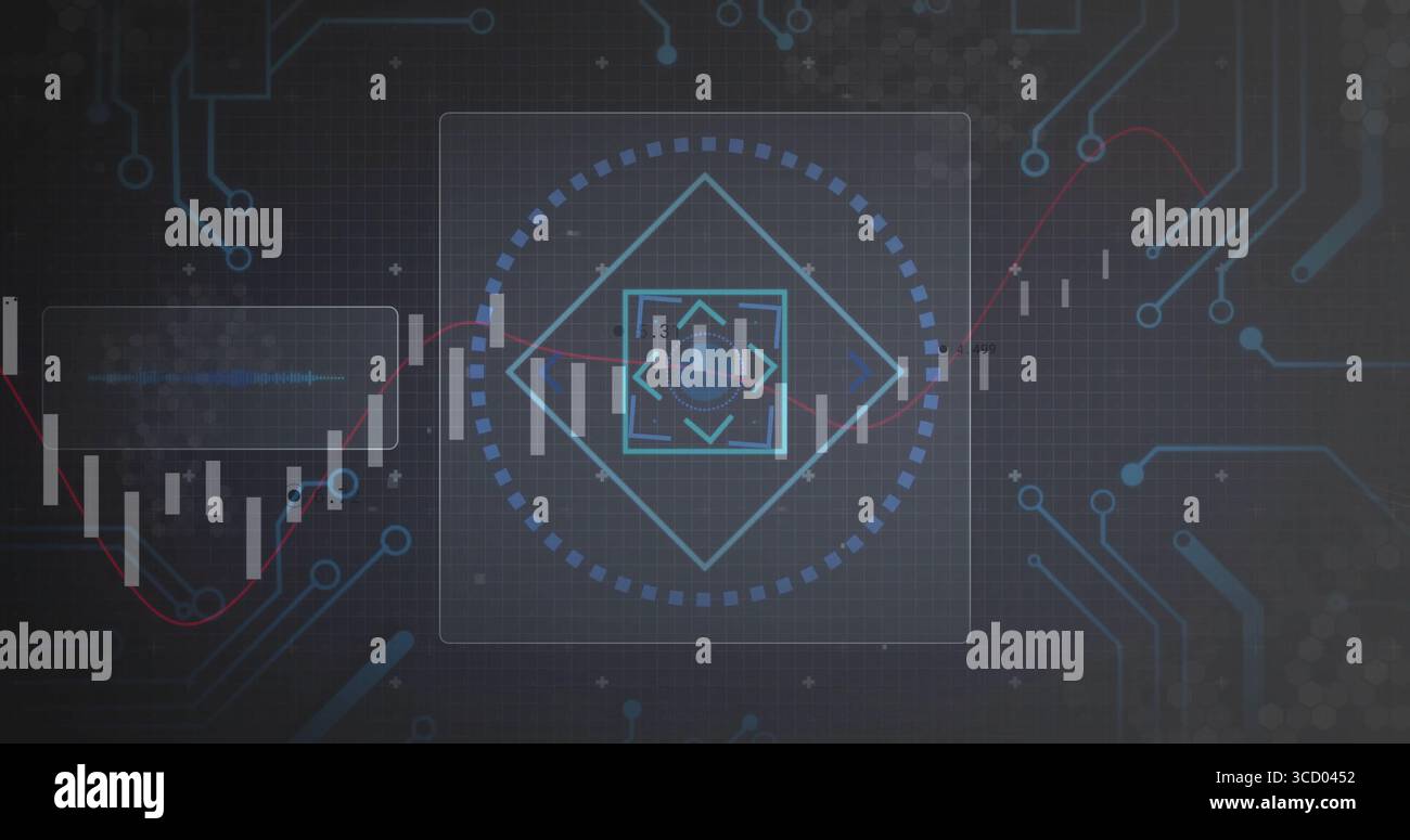 Displaying translucent panel showing interface on dashboard, with candlestick bars and line graphs Stock Photo